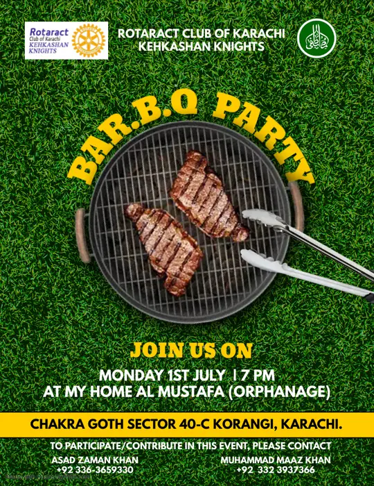 BBQ Party Flyer — Rotaract Club of Karachi, social media post design by Saif Kasbati