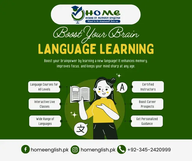 Boost Your Brain — Language Learning — House of Modern English, social media post design by Saif Kasbati