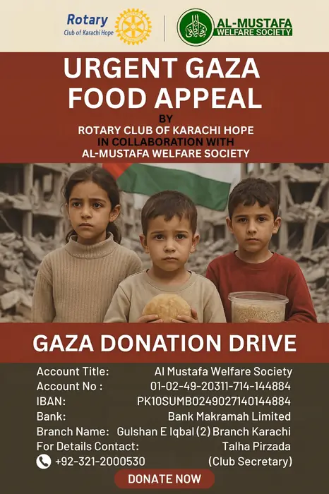 Gaza Donation Drive — Charity appeal, Rotary & Al-Mustafa, social media post design by Saif Kasbati