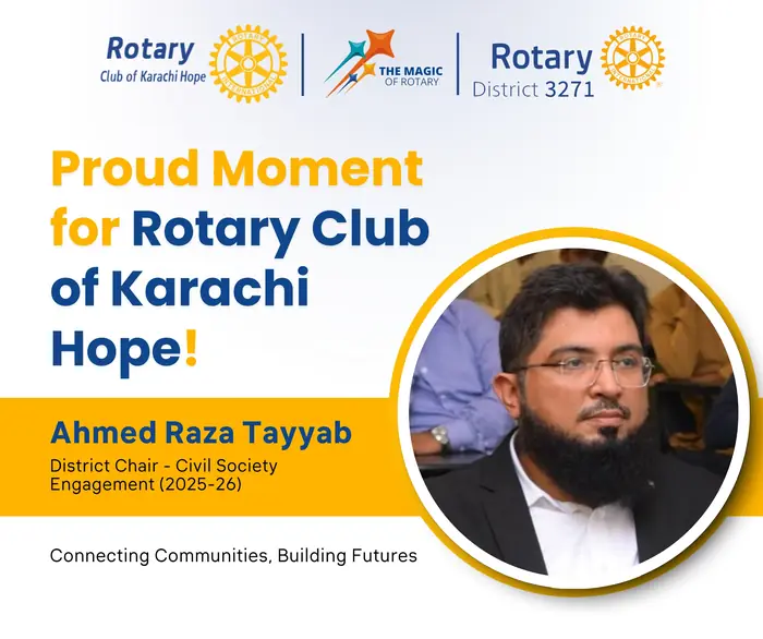 Proud Moment Post — Rotary Club of Karachi Hope, social media post design by Saif Kasbati